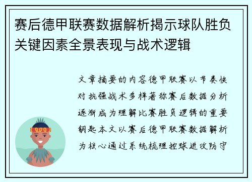 赛后德甲联赛数据解析揭示球队胜负关键因素全景表现与战术逻辑