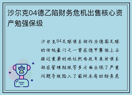 沙尔克04德乙陷财务危机出售核心资产勉强保级